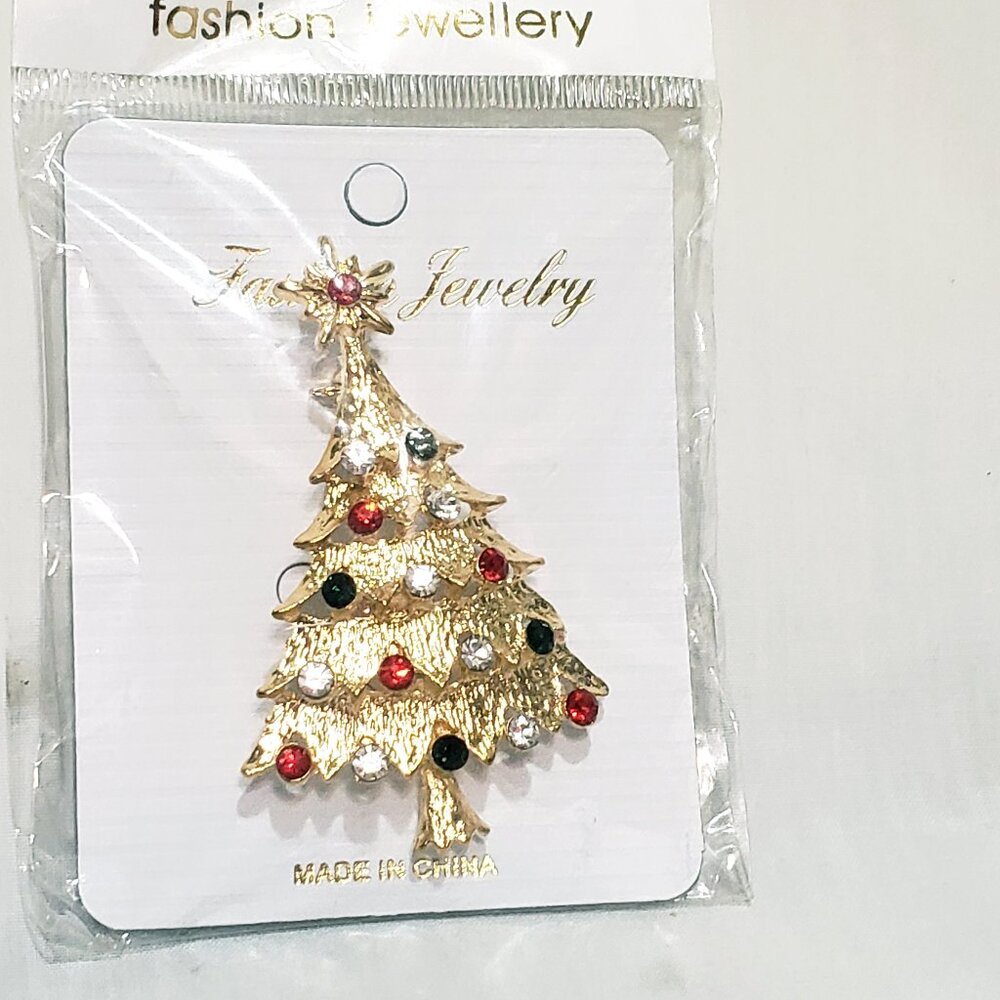 Christmas Rhinestone Decorated Tree Brooch Pin Gold Tone 2" Fashion Jewellery